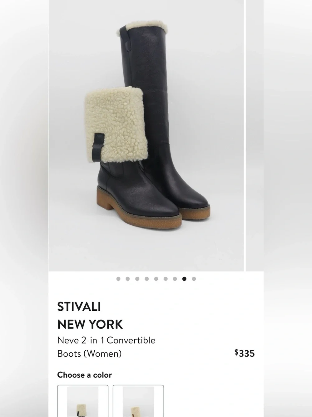 Black Leather Knee-High Boots with Cream Shearling Cuff